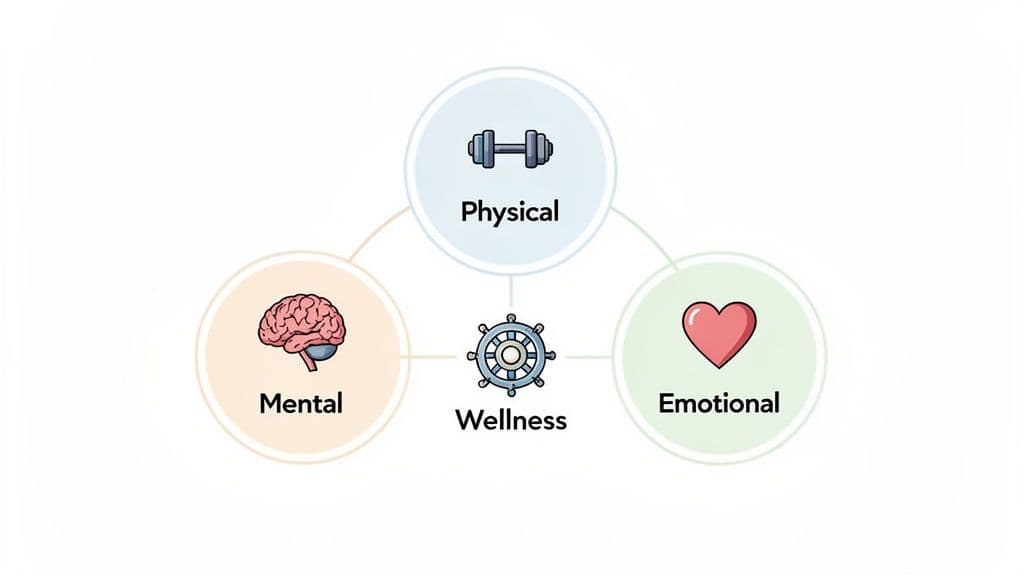 A diagram illustrating the three interconnected pillars of wellness: physical, mental, and emotional health.