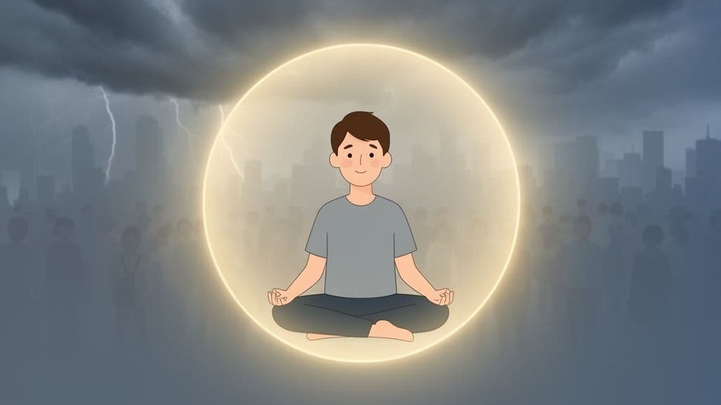 A calm person meditates within a bright, protective aura against a stormy, chaotic city backdrop.
