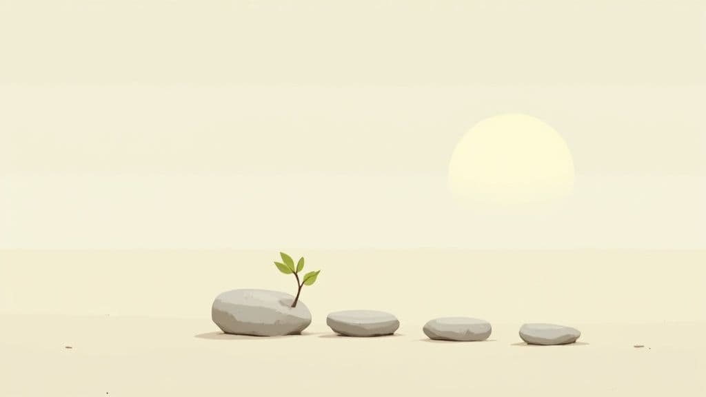 Minimalist scene with a plant growing from a stone, leading to more stepping stones under a pale sun.