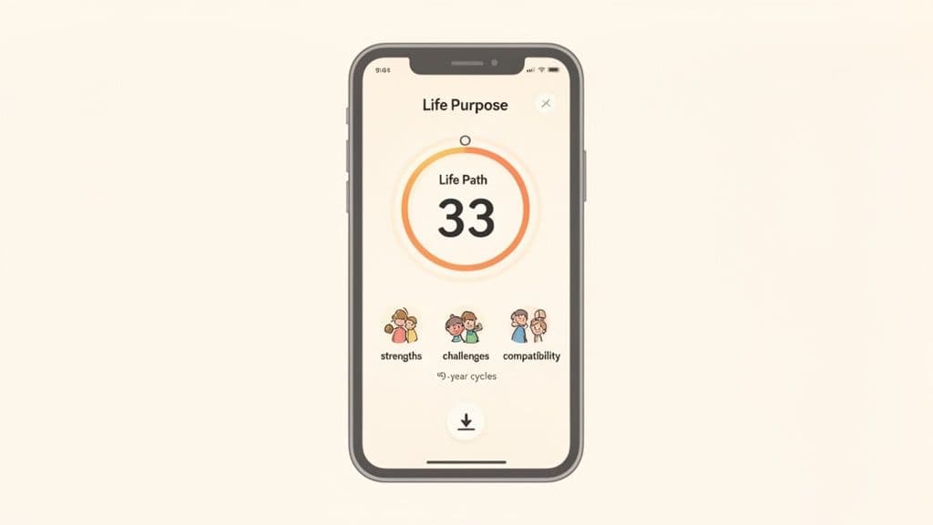A smartphone displaying a 'Life Purpose' app with 'Life Path 33' and sections for strengths, challenges, and compatibility.