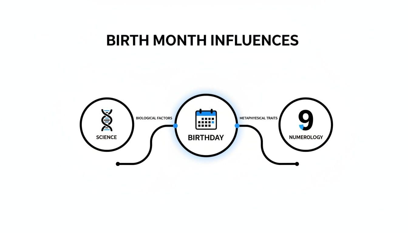 Diagram illustrating birth month influences, connecting birthday to science, biological factors, numerology, and metaphysical traits.