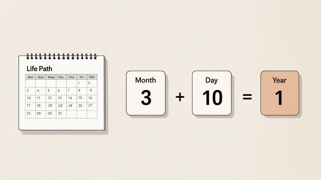A numerology calculation demonstrating 'Month 3 + Day 10 = Year 1' alongside a calendar.