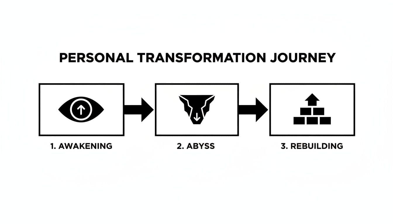 A diagram illustrating the personal transformation journey through awakening, abyss, and rebuilding stages.
