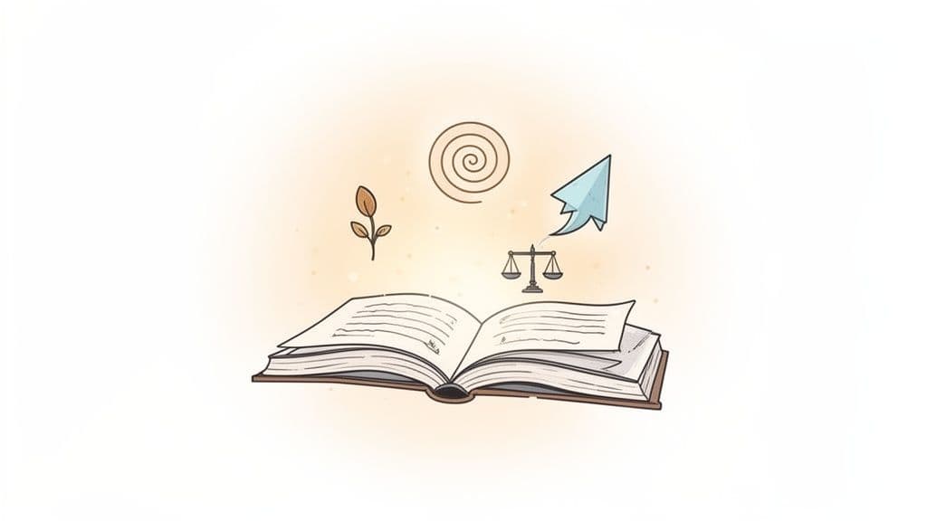 An open book with symbols of growth, spiritual insight, balance, and upward progress floating above.