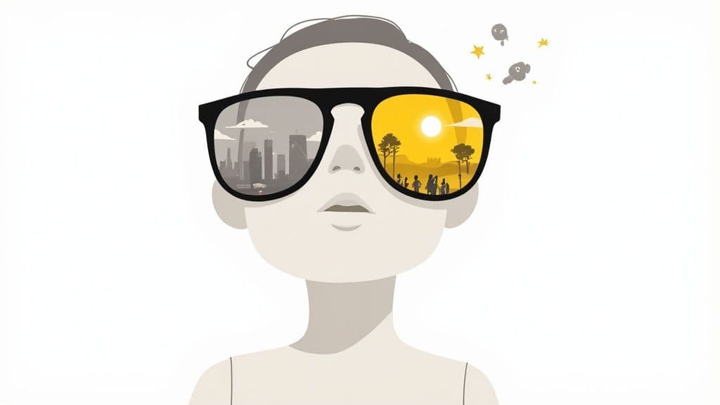 Illustration of a person wearing sunglasses, reflecting a gray cityscape and a vibrant, sunny landscape.
