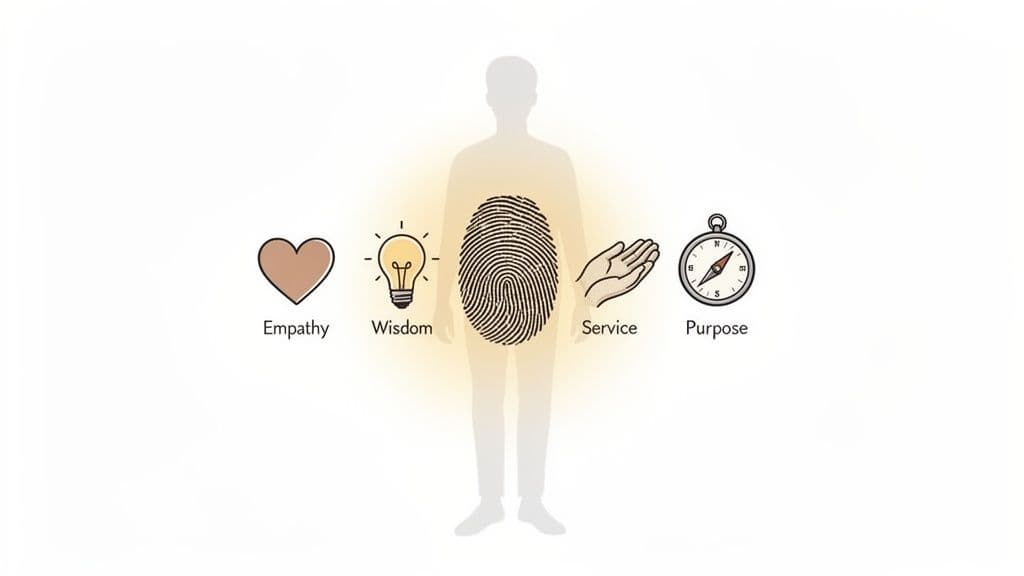 A human silhouette with a fingerprint and icons representing empathy, wisdom, service, and purpose.