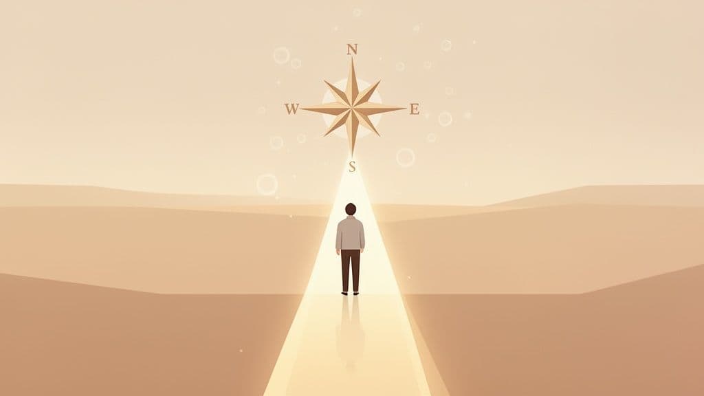 A person stands on a bright path leading towards a guiding compass rose in a desert.