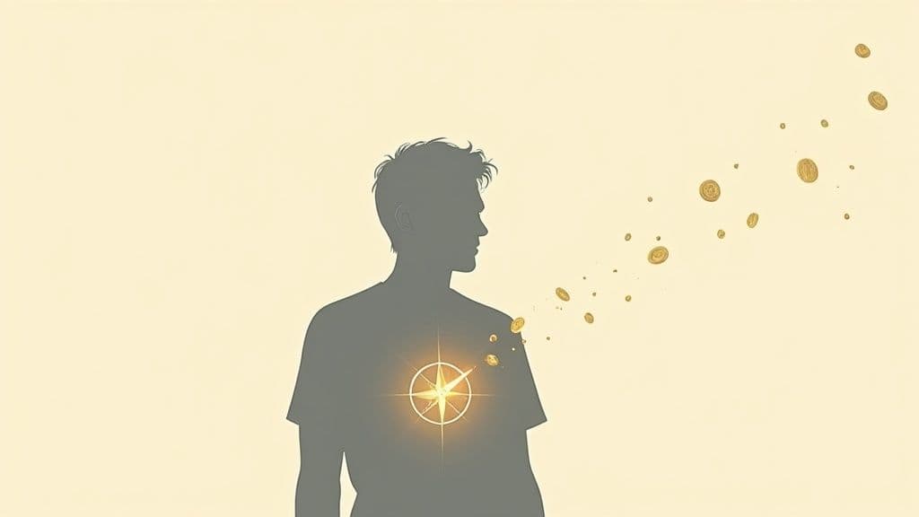 A silhouette of a person with a glowing compass in their chest, releasing golden coins.