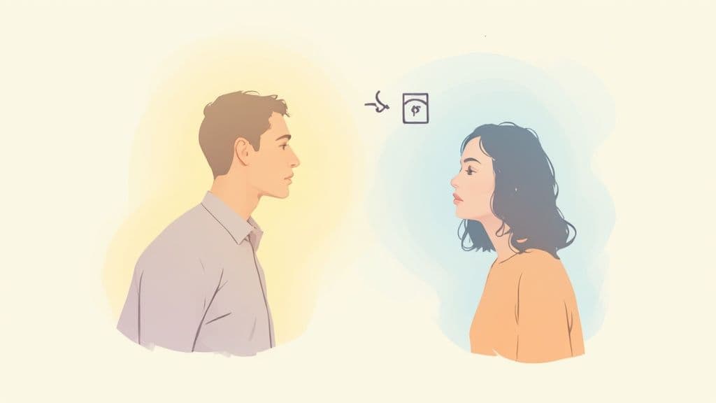 Illustration of a man and woman facing each other, with an icon suggesting a psychic or empathic connection.