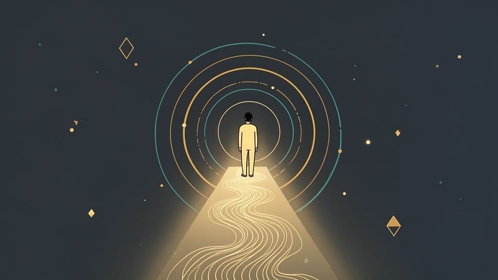 A lone figure on a radiant path leading to golden and teal concentric circles in a dark, ethereal space.