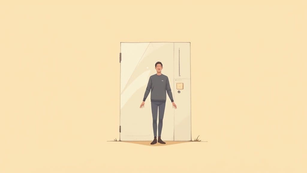 Illustration of a smiling man with glasses standing before a simple white door.