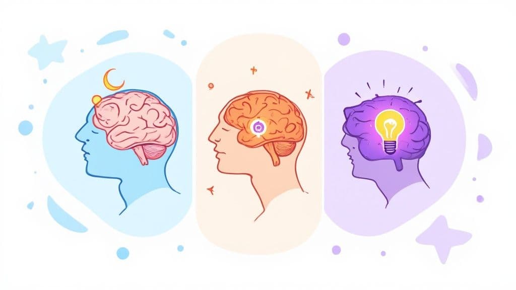 Three illustrated head profiles showing brain with moon, eye symbol, and lightbulb representing consciousness stages