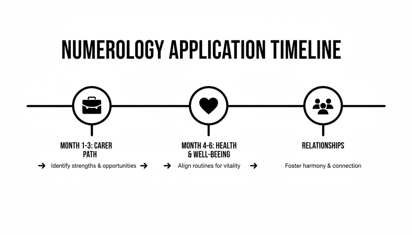 Numerology application timeline illustrating career path, health, and relationship focus over months.
