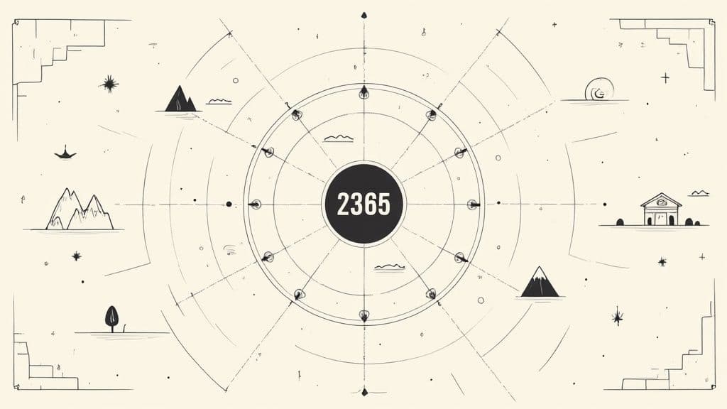 A stylized map or navigational chart with a central number '2365' surrounded by nature and urban icons.