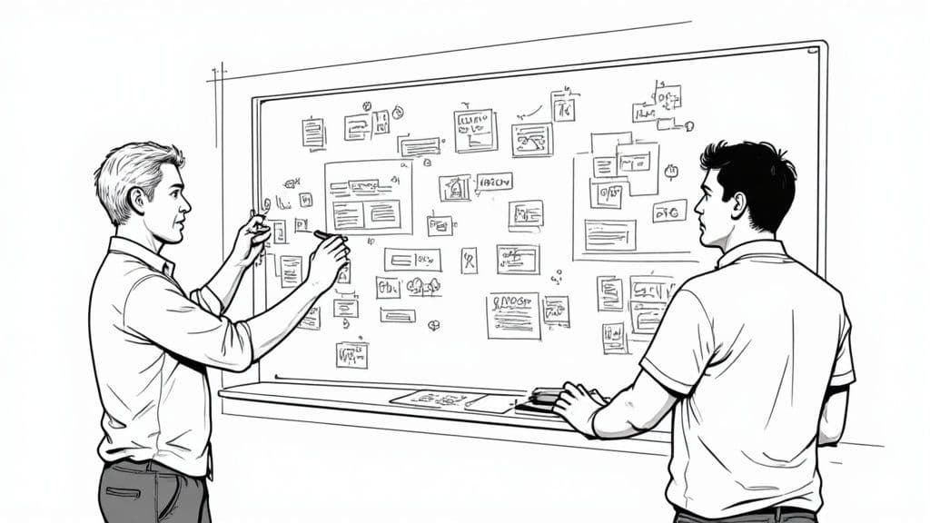 A person taking notes on a mood board covered in ideas and inspirational images, focused on planning their next steps.