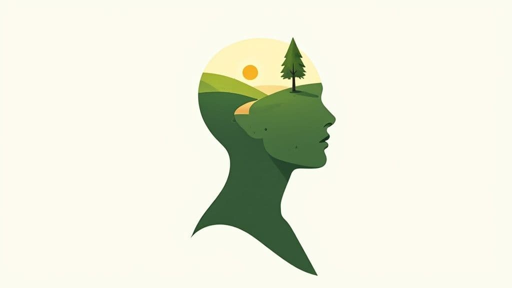 A human head silhouette filled with a green landscape, a rising sun, and a lone evergreen tree, representing mental growth and nature.