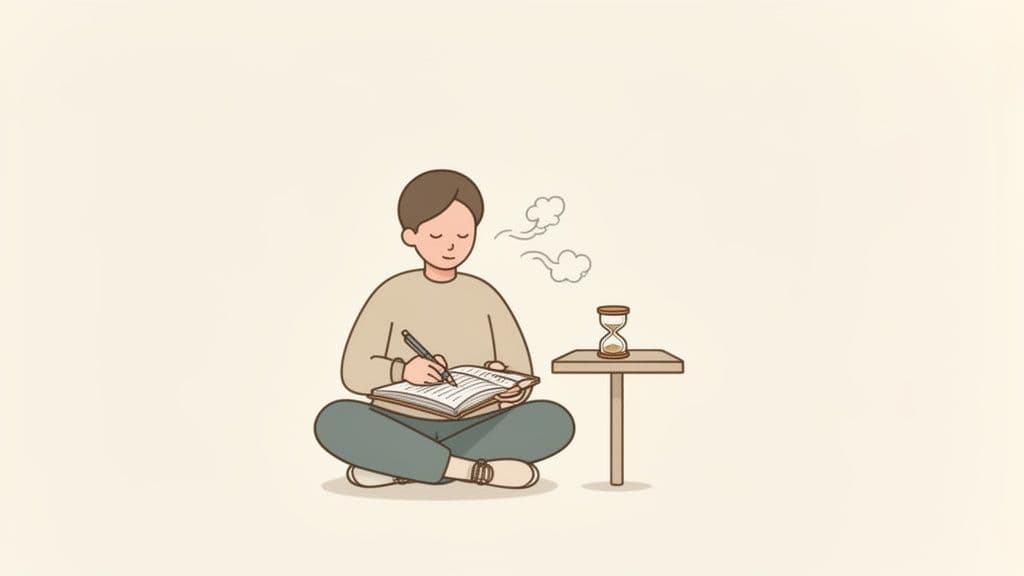 An illustration of a person journaling peacefully, with an hourglass symbolizing time or reflection.