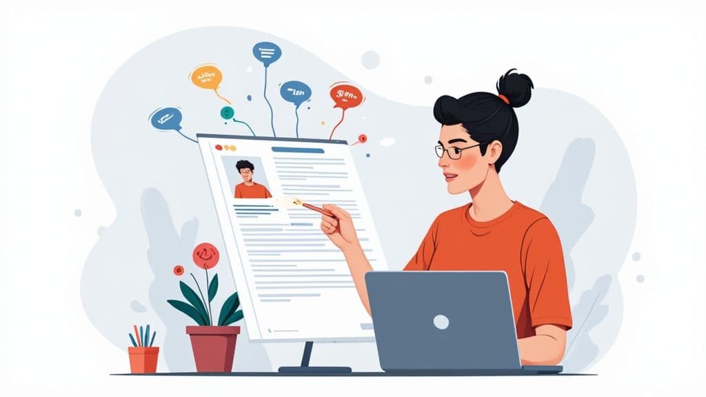 A woman edits a resume on a large monitor with a stylus, visualizing skills for a career change.