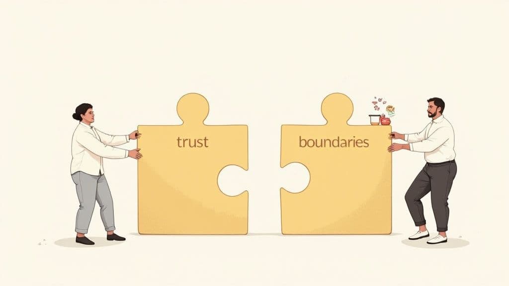 Two people hold puzzle pieces labeled 'trust' and 'boundaries', illustrating their connection in relationships.