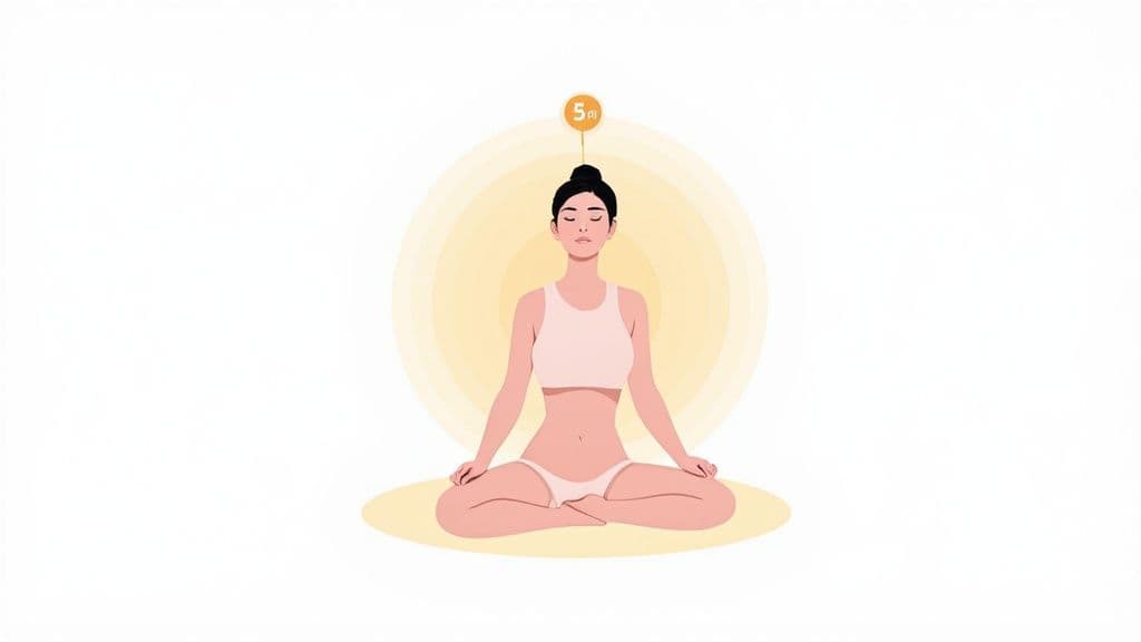 A woman meditates in a lotus position with closed eyes, surrounded by a glowing aura, symbolizing spiritual connection.