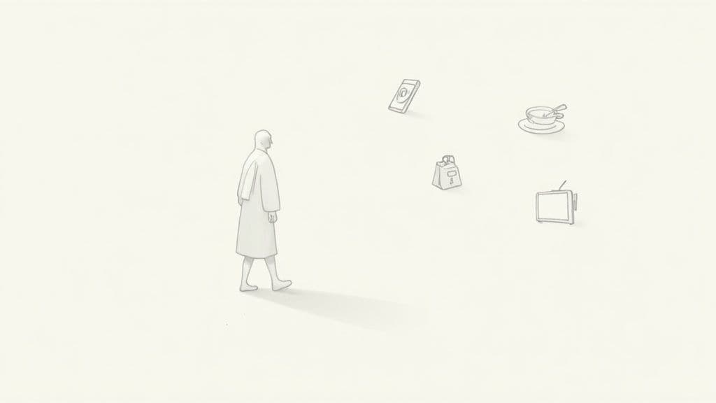 A person in a robe walks past floating minimalist drawings of a smartphone, shopping bag, teacup, and television.