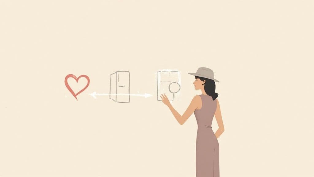 A woman in a hat interacts with a diagram showing a heart, boxes, and an arrow.