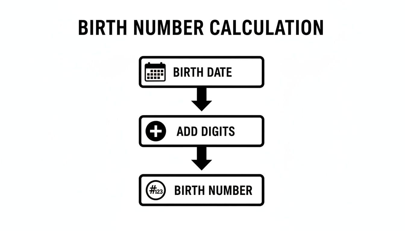 Flowchart showing the steps for birth number calculation: start with birth date, then add digits.