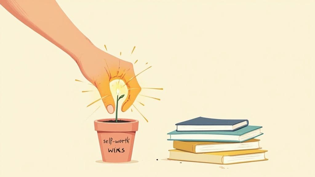 A nurturing hand fosters a glowing plant of self-worth in a pot, next to a stack of books.