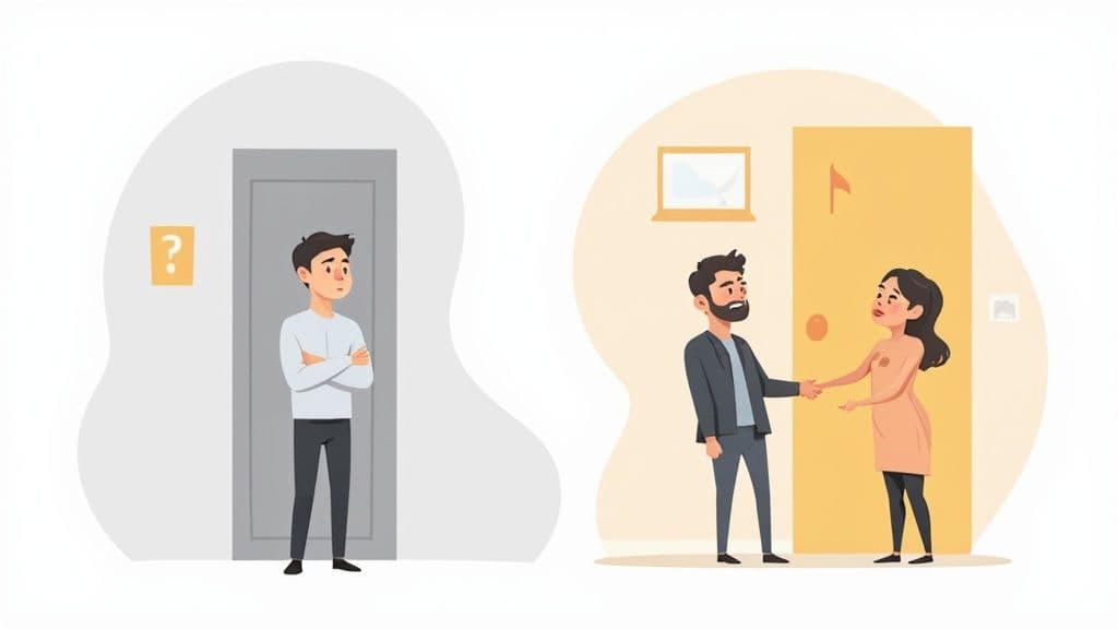 Illustration contrasting a confused man before a closed door with a couple shaking hands by an open door.