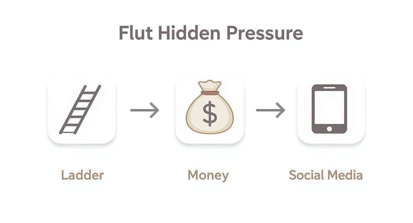 An infographic showing a process flow of hidden pressures with icons for a career ladder, a money bag, and a social media phone.