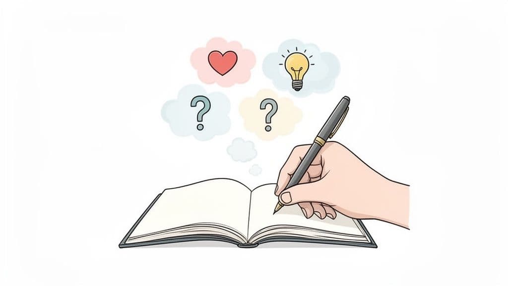 A hand writes in an open journal with a pen, surrounded by thought bubbles.