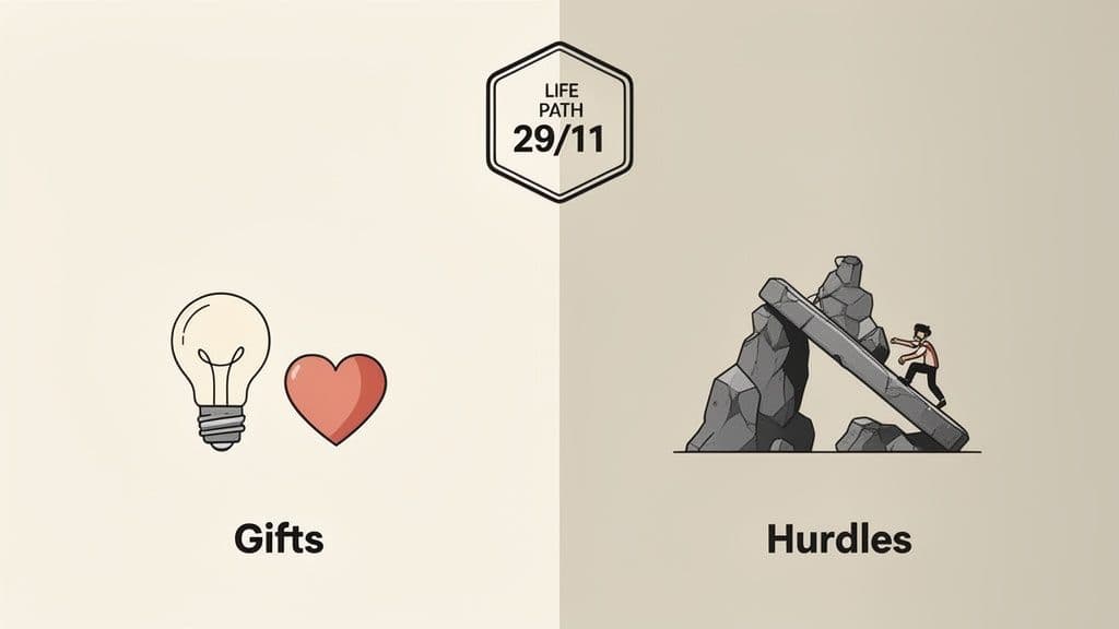 An illustration comparing life's gifts (lightbulb, heart) and hurdles (person climbing a difficult rock path), with a 'Life Path 29/11' label.