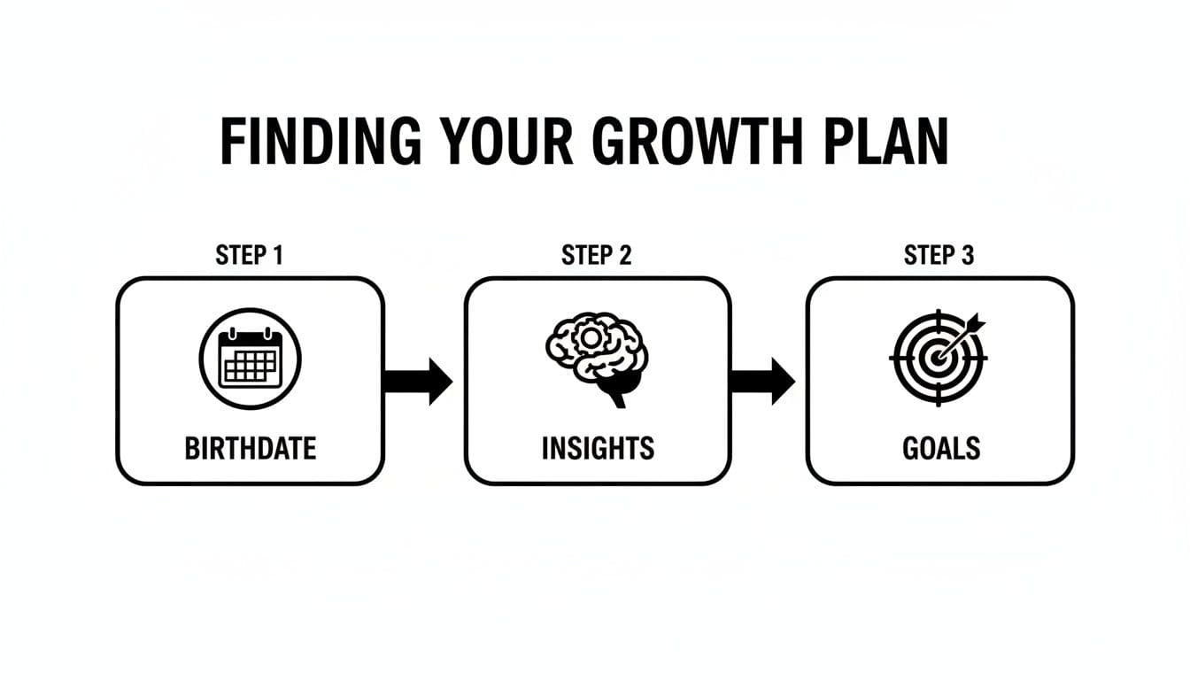 A diagram titled 'Finding Your Growth Plan' illustrating a three-step process: Birthdate, Insights, and Goals.