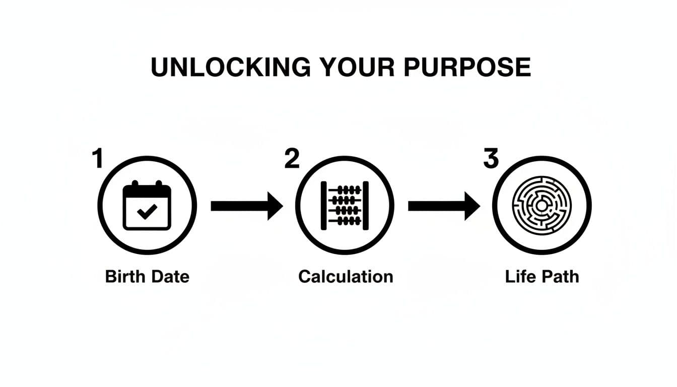 Diagram showing a three-step process: birth date, calculation, and life path for unlocking purpose.