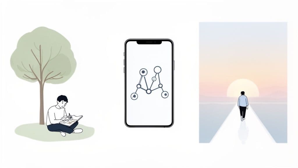 Three panels: a person writing under a tree, a smartphone with a network diagram, and a person walking towards a sunset.