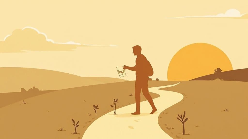 A person standing at a crossroads in a forest, looking toward a path where the sun is breaking through the trees.