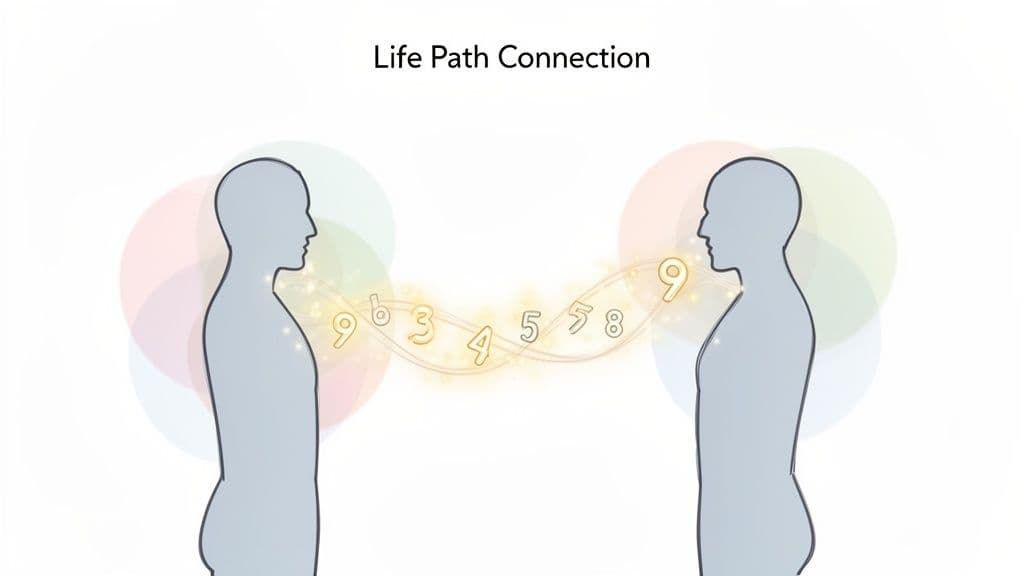 Two human silhouettes linked by glowing numbers and energy, illustrating a life path connection concept.