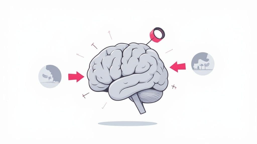 A cartoon brain processes visual input from two landscape scenes, representing perception and thought.