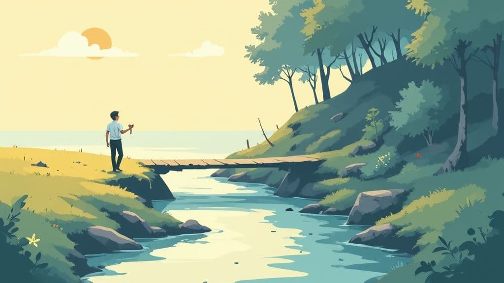 A man stands on a grassy cliff, looking at a river with a small wooden bridge.