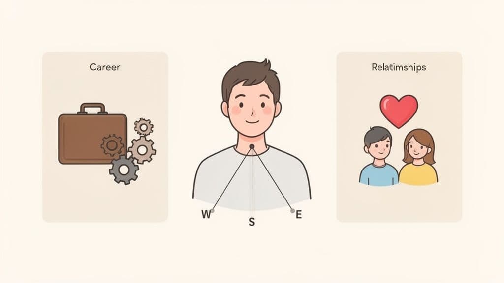 Illustration of a person balancing career (briefcase, gears) and relationships (heart, couple) with compass points.