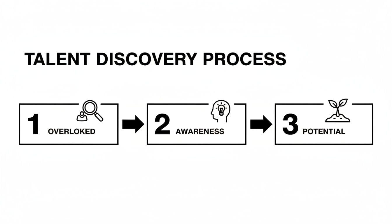 A black and white diagram illustrating the three-step talent discovery process: overlooked, awareness, and potential.