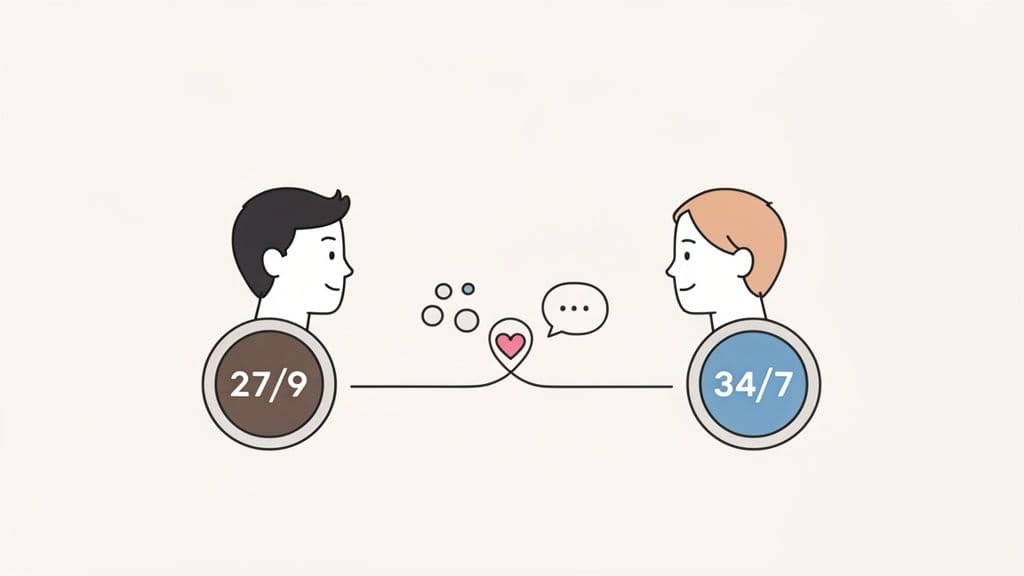 Two animated male figures with numerology numbers 27/9 and 34/7 connected by love and chat.
