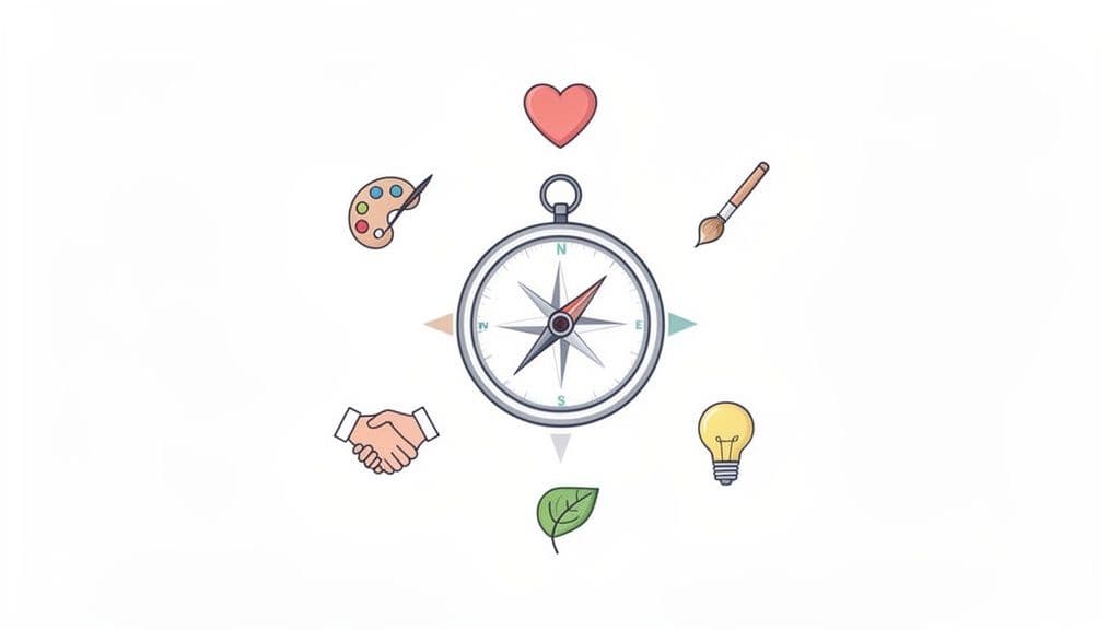 A compass surrounded by icons representing different life aspects like passion, creativity, and ideas.