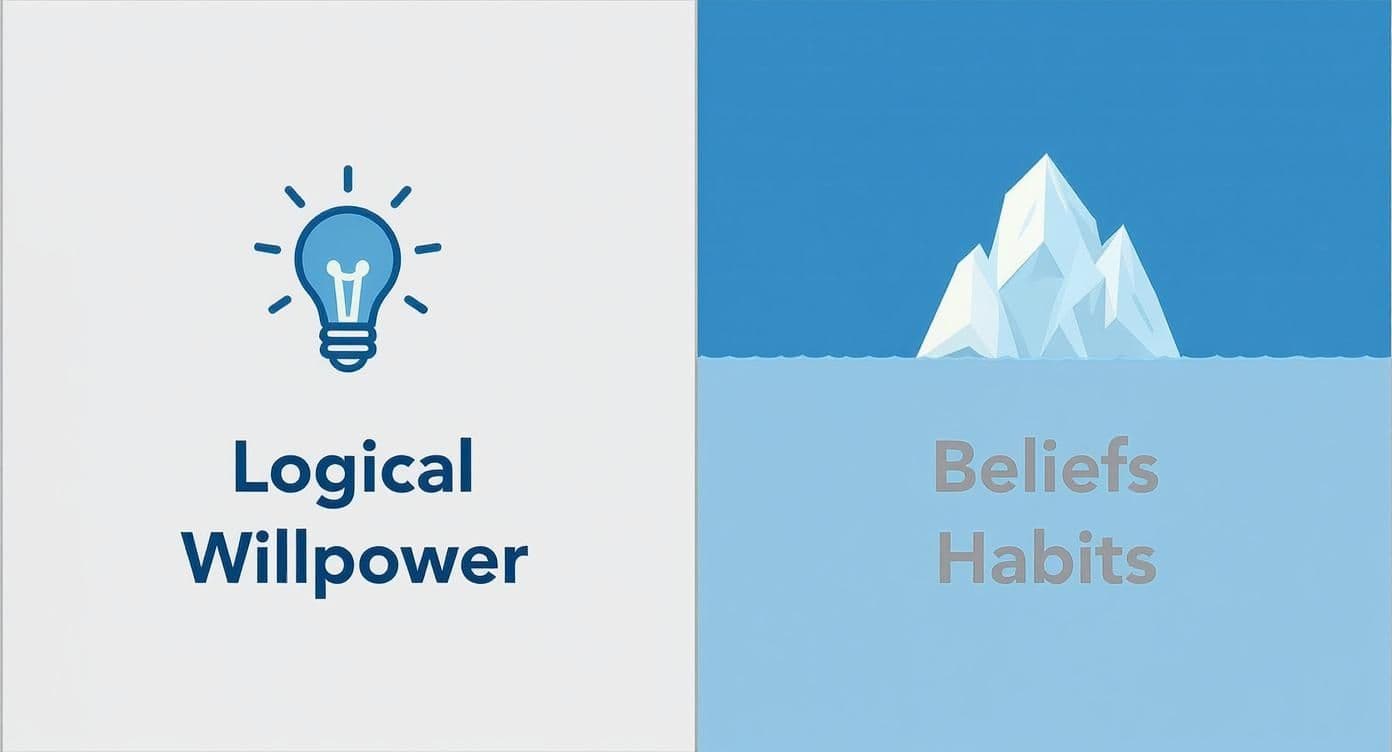 An image illustrating conscious logical willpower with a lightbulb versus subconscious beliefs and habits as an iceberg.