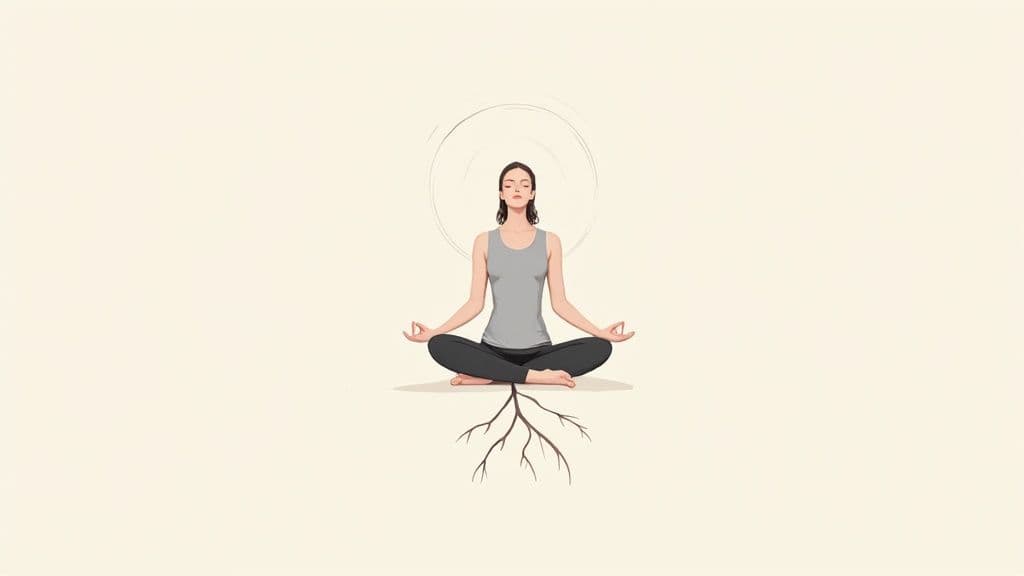 Illustration of a woman in meditation with roots connecting her to the earth, surrounded by energy circles.
