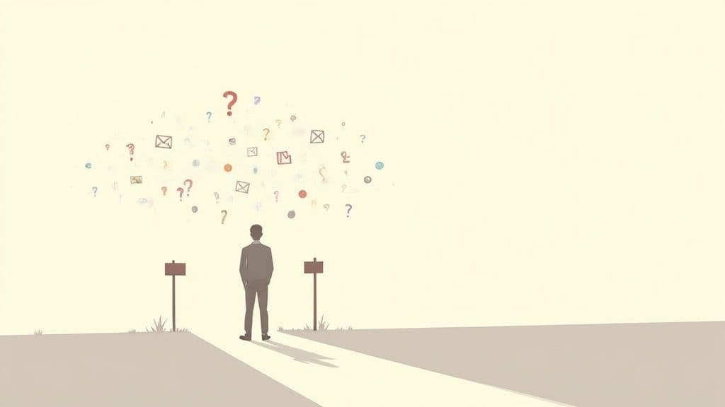 A person sitting on a floating question mark, looking thoughtful and indecisive over a vast, misty landscape.