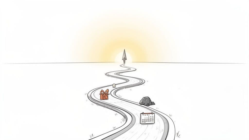 A winding road with milestones, challenges, and a bright goal, symbolizing life's journey.