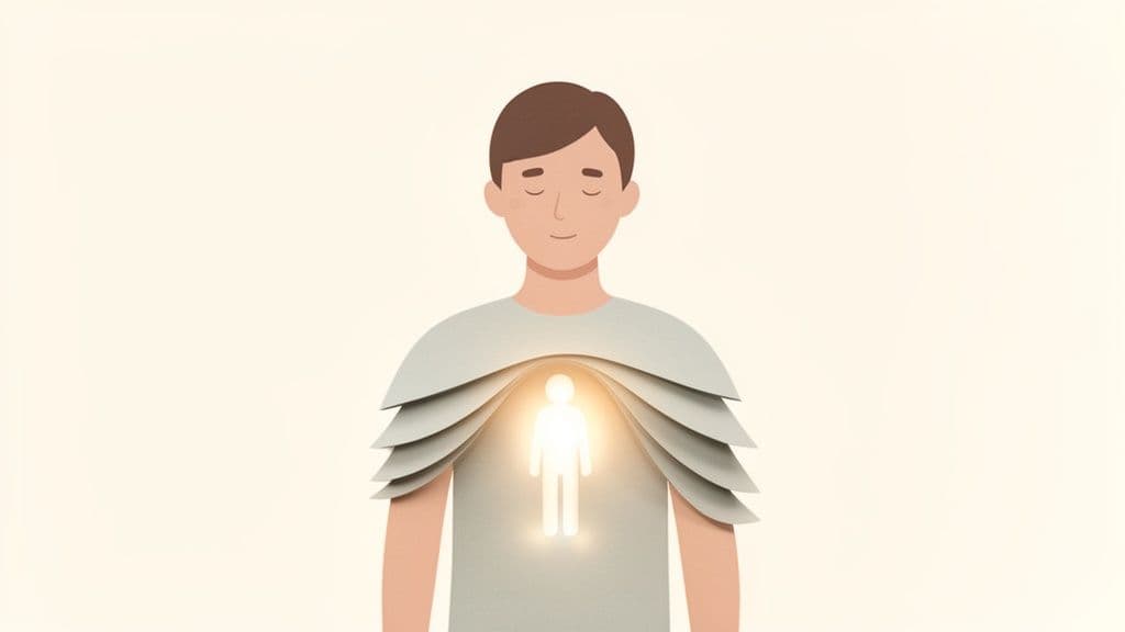 A person with closed eyes and protective layers shielding a glowing inner self.