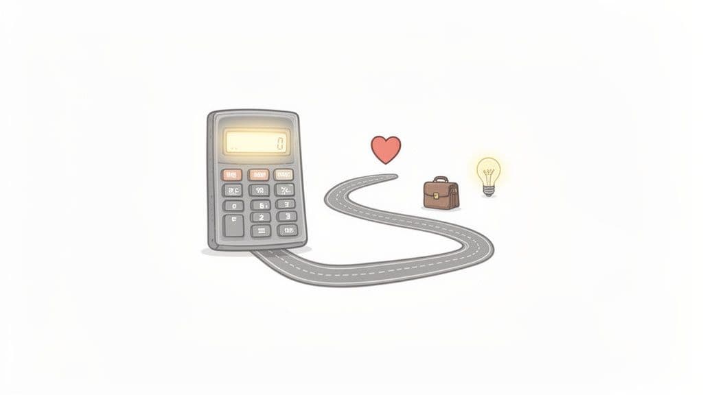 A calculator with '0' on its screen connected to a winding road leading to a heart, briefcase, and light bulb.