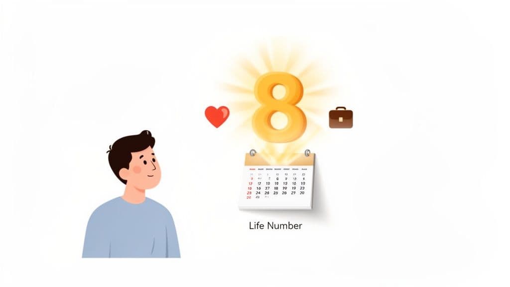 A man looking at a glowing number 8, representing Life Number, with icons for love and career.